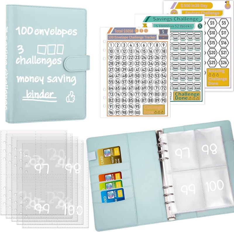 Antner 100 Envelopes Money Saving Challenge Binder, Savings Challenges Book with Envelopes & 3 Challenge Trackers to Save $5,050 and $500 and $10,000, A5 Budget Binder Money Saving Book, Mint Blue - Image 1